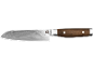 Kitchen knife with a Damascus pattern blade and a brown wooden handle with rivets.