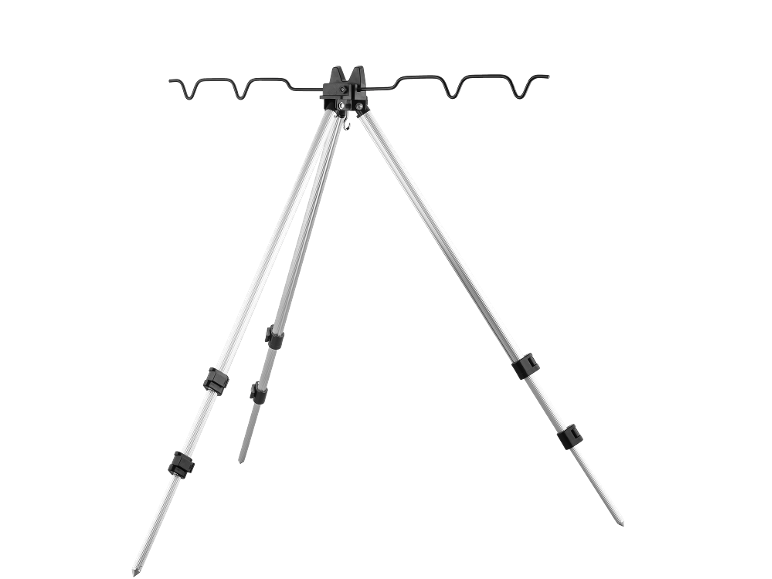 Tripod fishing rod holder with a horizontal support bar