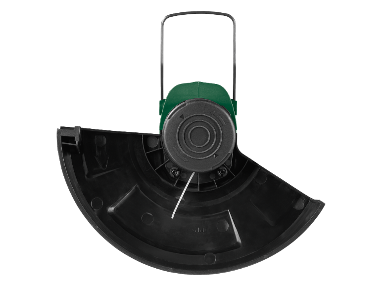 Top-down view of a grass trimmer with a black guard and a green head.