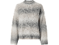 Women's knitted sweater with gray and white ombré stripes.
