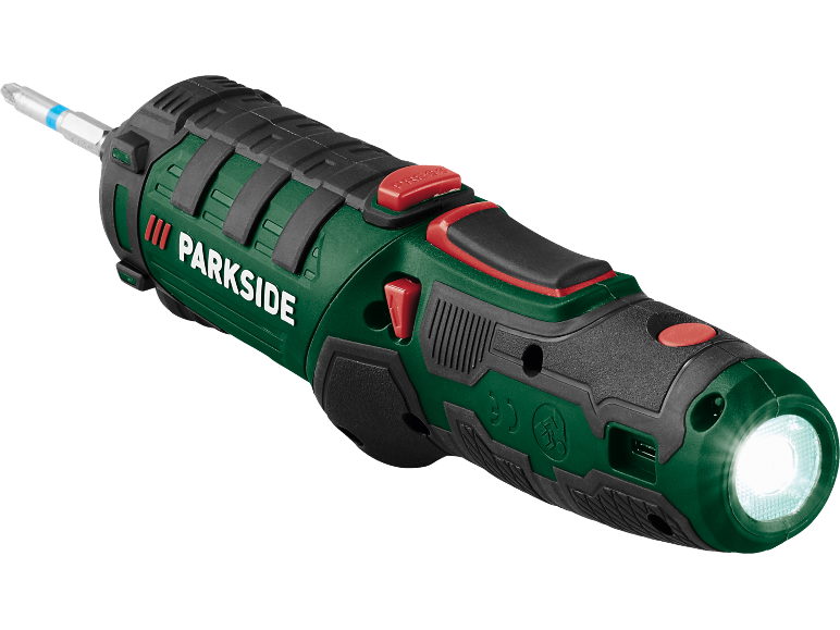Green and black electric screwdriver with LED light and bit, featuring red buttons.