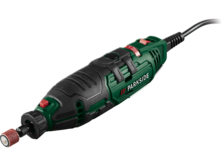 Green and black multi-functional rotary tool with a sanding attachment.