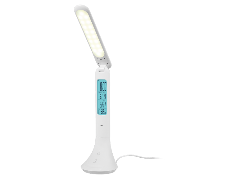 White LED desk lamp with a digital display showing time, date, and temperature.