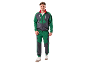 Man in green and grey tracksuit with 'PARKSIDE' lettering and white sneakers.