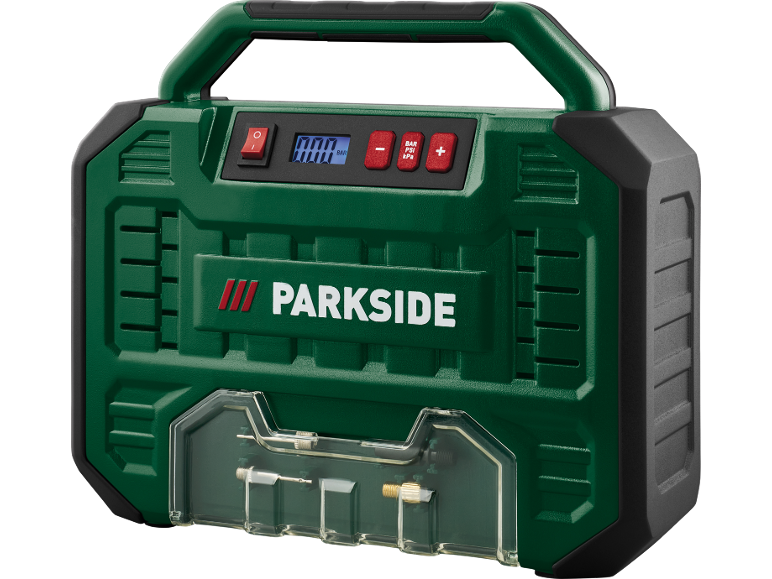 Green portable air compressor with a digital display and accessories.