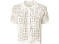 White short-sleeved open-knit cardigan with a polo collar.