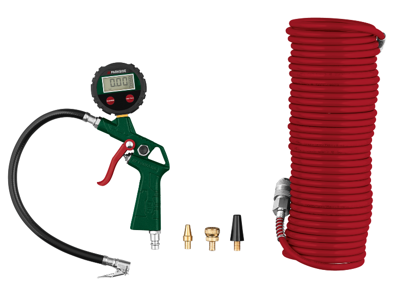 Tire inflator kit with digital pressure gauge, red air hose, and nozzles.