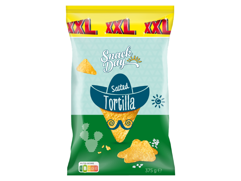 XXL bag of salted tortilla chips featuring a sombrero and mustache.