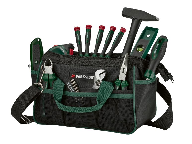 Black tool bag with screwdrivers, hammer, spirit level, and pliers.