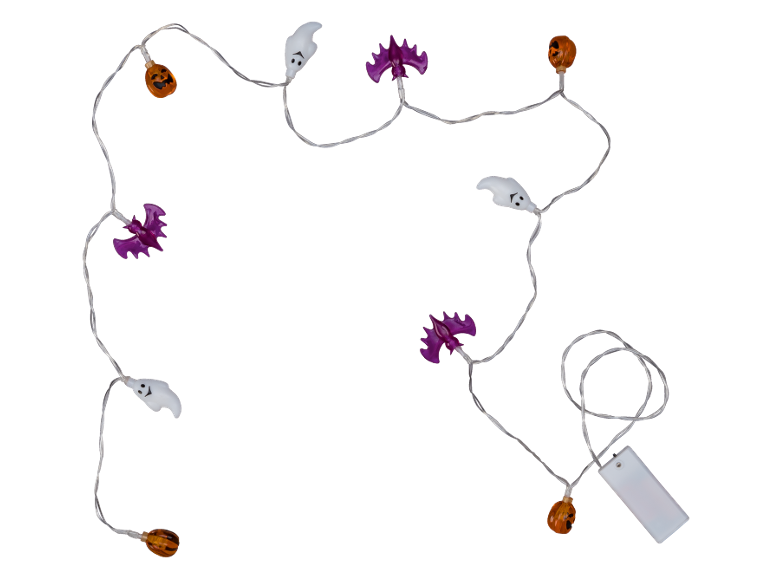 Halloween string lights with pumpkins, ghosts, and bats.