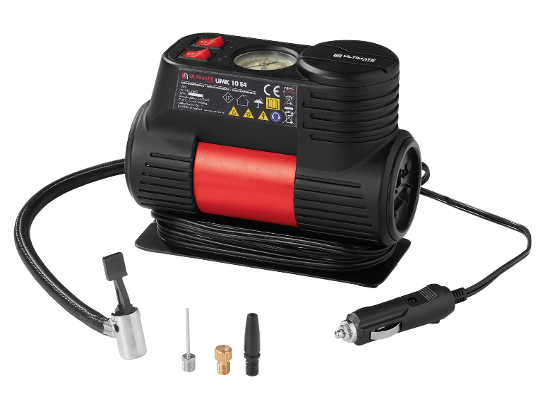 Portable air compressor with accessories, including a 12V car adapter.
