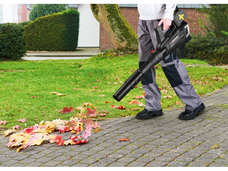 Man using a cordless leaf blower to clear autumn leaves from a paved path.