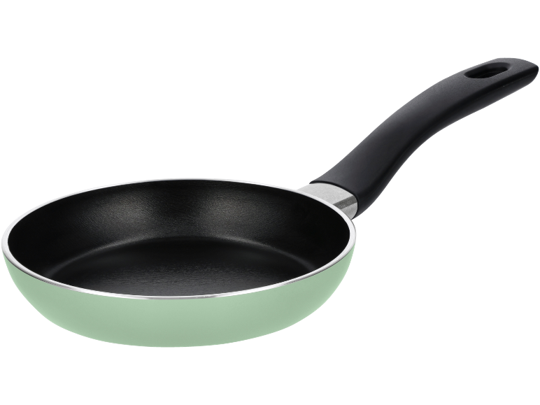 Light green frying pan with a black non-stick coating and a black handle.