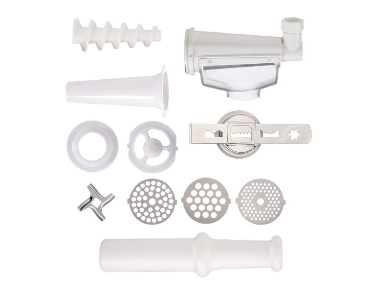Meat grinder accessories, including sausage stuffer and cookie attachments.