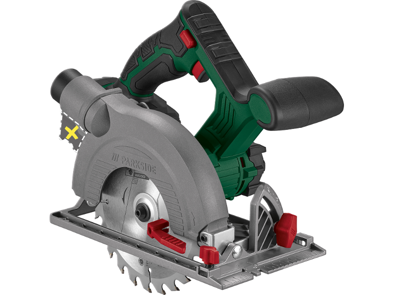 Cordless circular saw for wood with red accents and a grey housing.