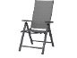 Grey folding chair with armrests and textile seat and backrest.