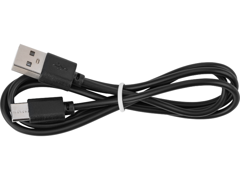 Black USB cable with USB-A and micro USB connectors, neatly coiled and tied.