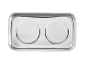 Rectangular metal tray with two round indentations.