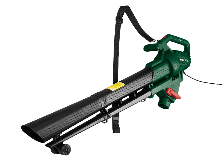 Green electric leaf blower with a black strap and wheels.