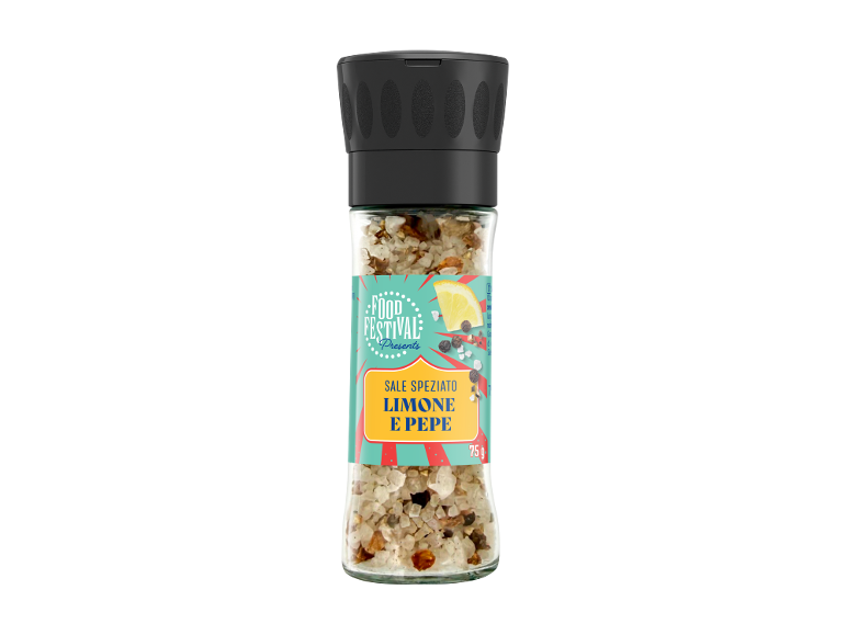 Spiced lemon and pepper salt in a glass grinder.
