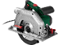 A circular saw with a silver body and green handle, featuring a wood-cutting blade.