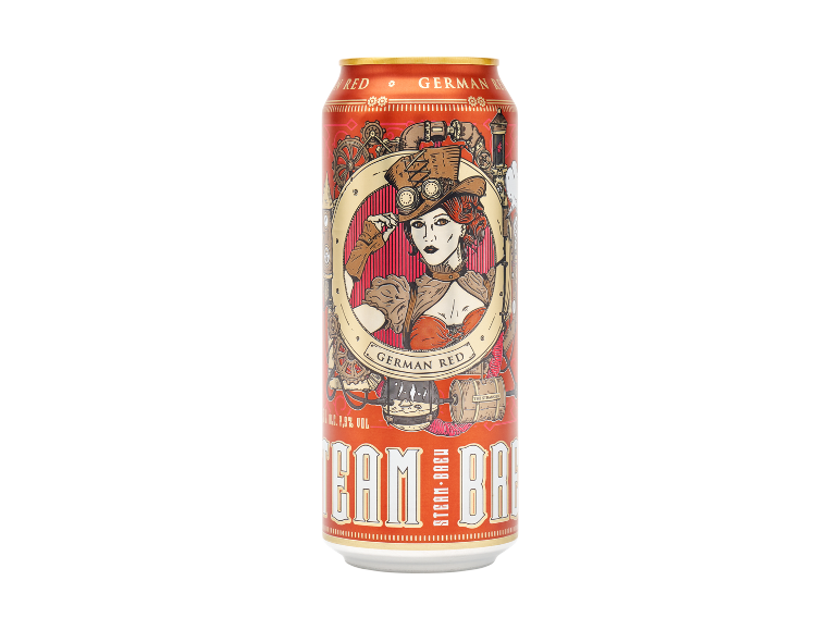 Red beer can with an illustration of a steampunk-style woman.