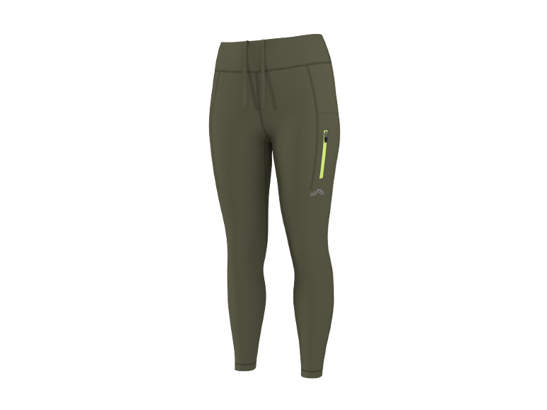 Olive green women's sports leggings with a drawstring and a yellow zippered pocket.