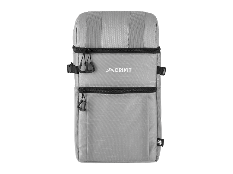 Grey cooler backpack with black zippers and hexagonal pattern.
