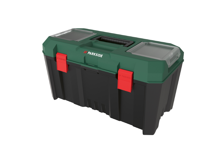 Green and black toolbox with red clasps and clear lids.