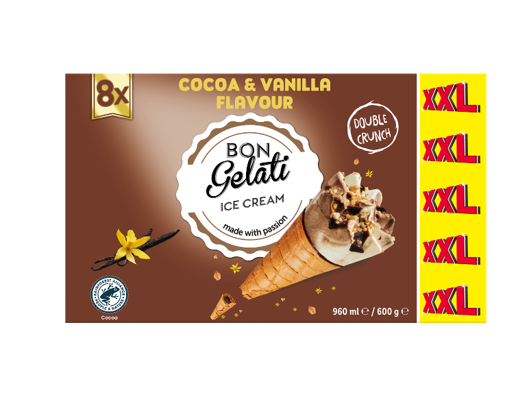 Box of cocoa and vanilla ice cream cones, 8 pieces, double crunch, XXL.