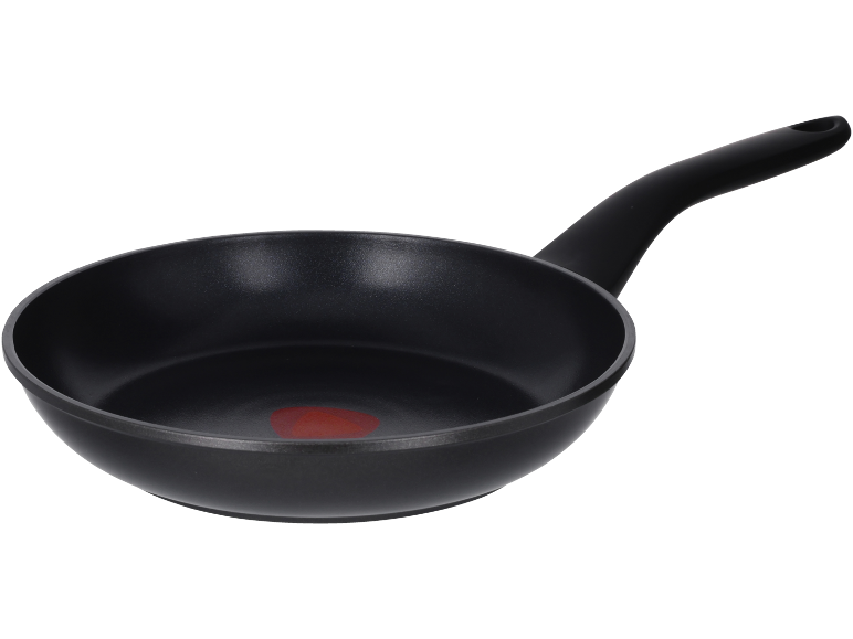 Black non-stick frying pan with a handle, featuring a red heat indicator in the center.
