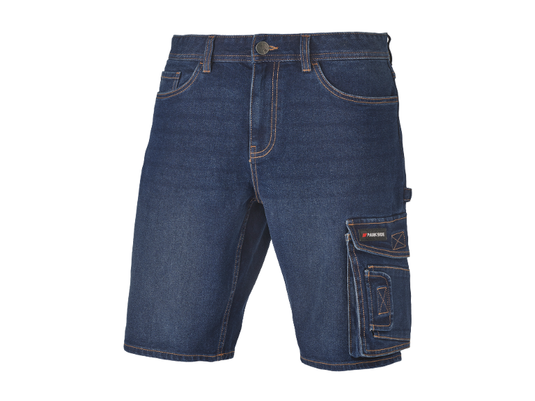 Blue denim shorts with cargo pockets and orange stitching
