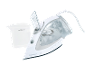 White steam iron with a water jug, featuring a transparent water tank and cord.