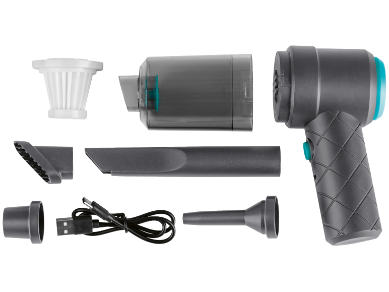 Disassembled handheld vacuum cleaner with accessories and charging cable.