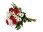 Bouquet of red roses, white daisies, and red gerberas.