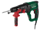 Green rotary hammer drill with a red handle and a drill bit.