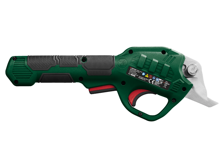 Cordless garden shears in green and black with a red trigger.