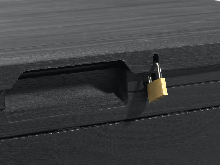 Dark grey outdoor storage box with a padlock