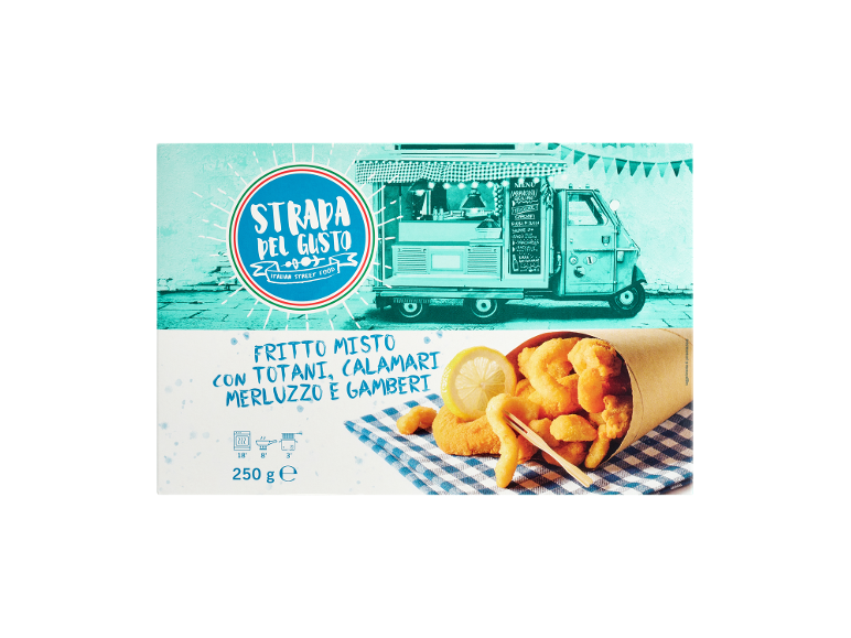 Mixed fried squid, calamari, hake, and shrimp with a street food truck.