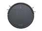 Dark grey round robotic vacuum cleaner with side brushes and control buttons.