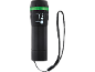 Black flashlight with green ring and zoom function, with lanyard.