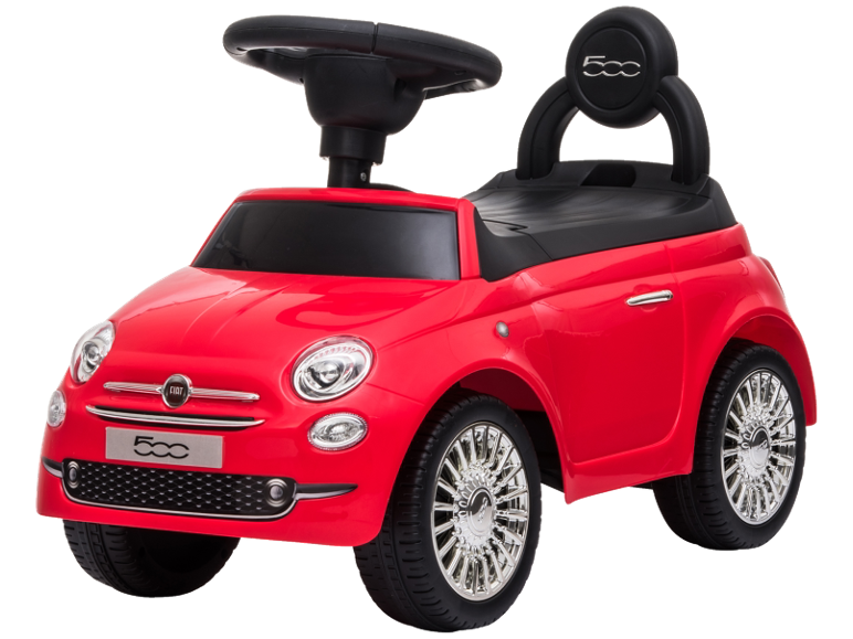 Red ride-on toy car with black steering wheel and seat, featuring chrome wheels.