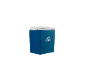 Blue cooler box with a white lid and a logo on the front.
