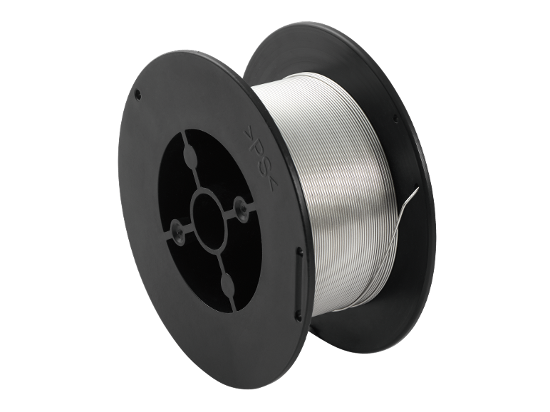 Silver welding wire spool with black holder, with the inscription '>PS<'