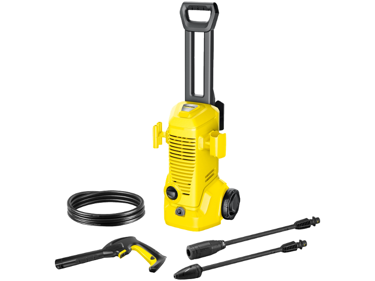 Yellow pressure washer with handle, hose, gun, and two lances.