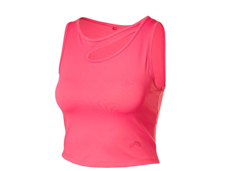 Pink women's sports top with a cutout detail at the neckline.