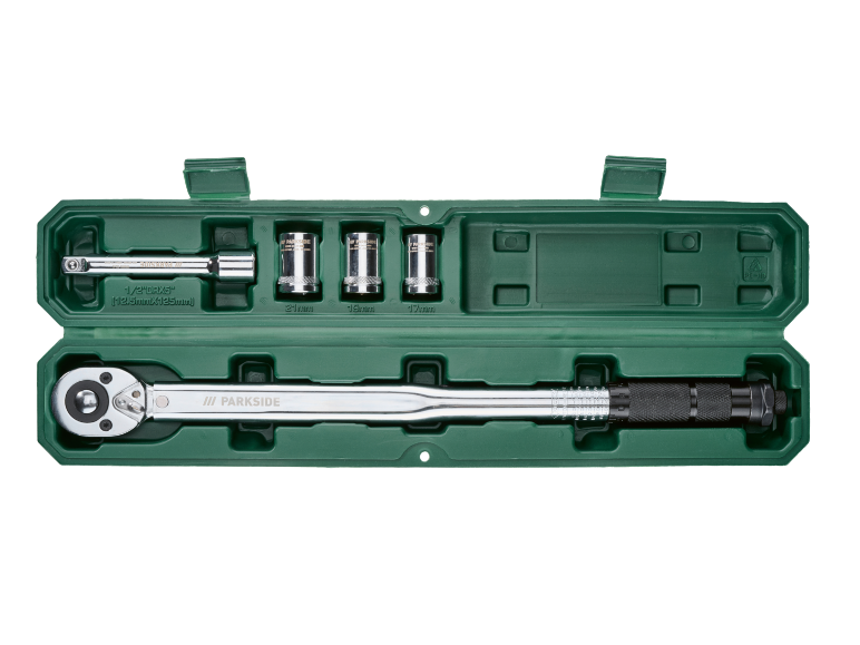 Torque wrench set with extension bar and three sockets (21mm, 19mm, 17mm) in a green case.