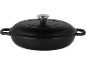Black cast iron pot with a lid and a metal knob.