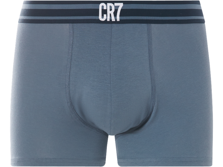 Grey cotton boxer briefs with dark elastic waistband and white text.