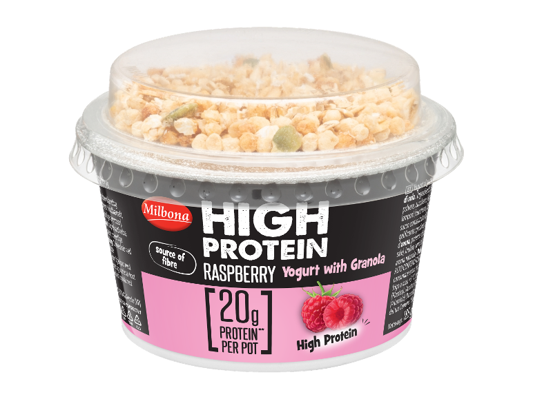 High protein raspberry yogurt with granola, 20g protein per pot.